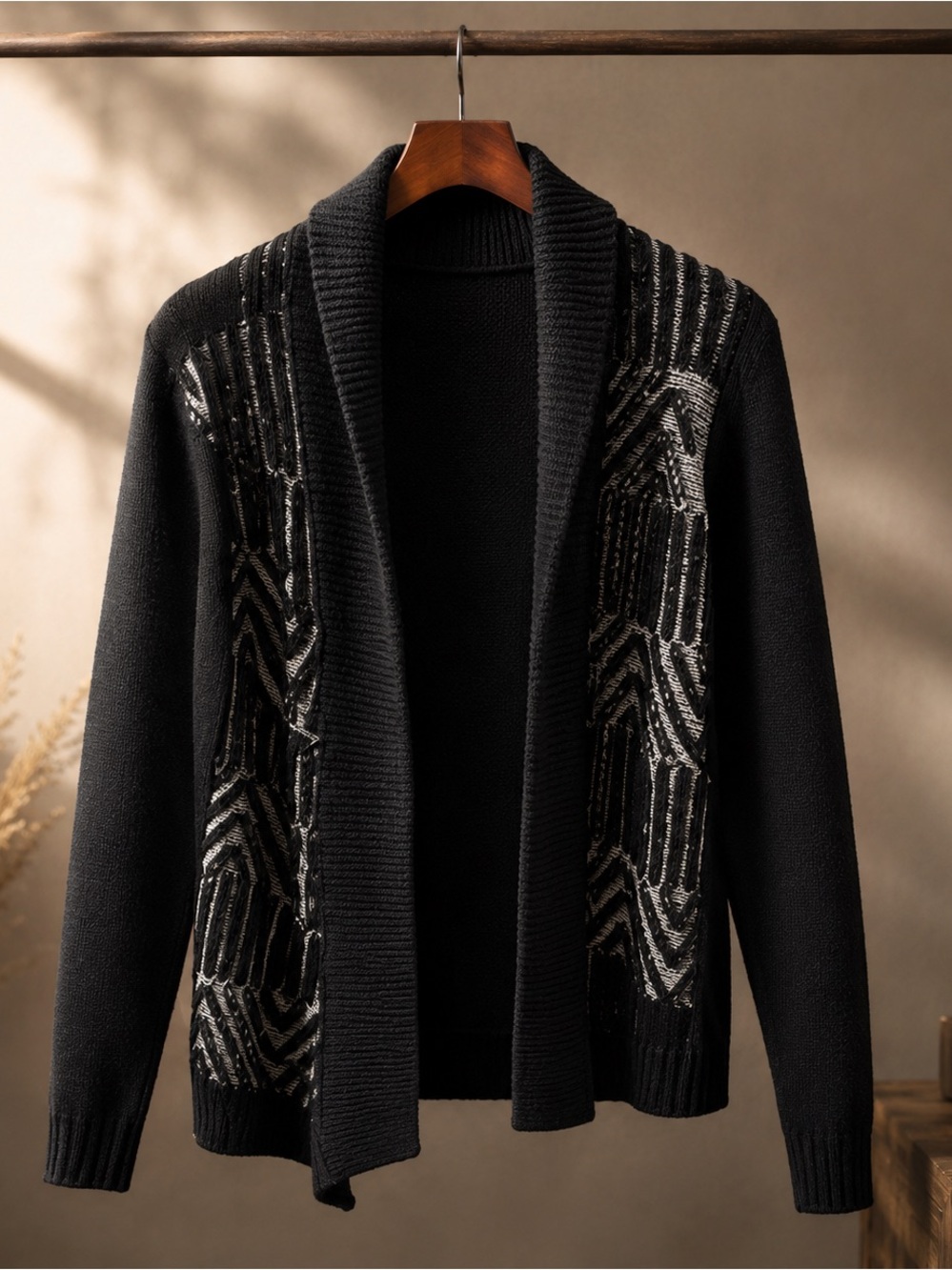 H&M Patterned Shawl Collar Cardigan Men’s Medium Black Knit Sweater